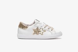 SNEAKERS LOW PELLE BIANCA E DETTAGLI IN GLITTER DORATO