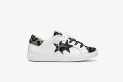 SNEAKERS LOW  IN PELLE BIANCA CON DETTAGLI LEOPARDATI LAMINATI ARGENTO